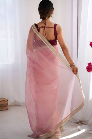 Pink Solid with Lace Border Net Saree