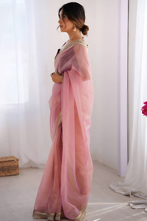 Pink Solid with Lace Border Net Saree