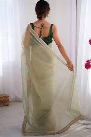 Light Green Solid with Lace Border Net Saree