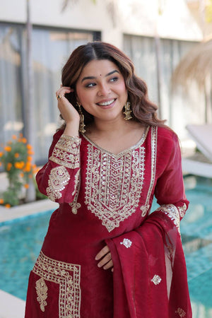Maroon Sequin with Embroidered Silk Straight Cut Suits