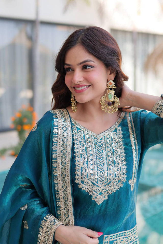 Rama Sequin with Embroidered Silk Straight Cut Suits