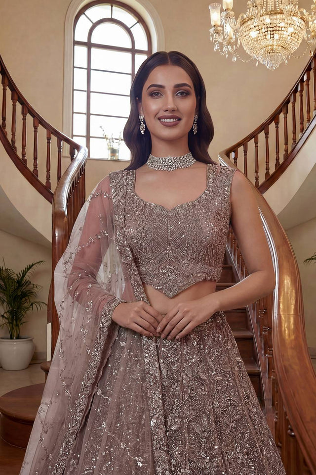 Beige Sequin with Embroidered Net Lehenga