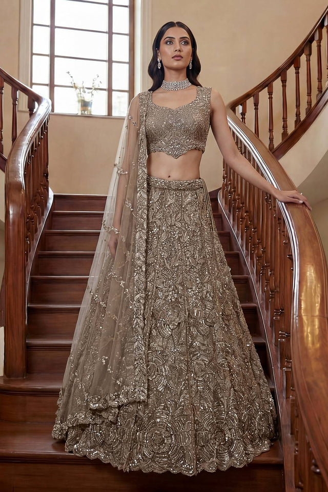 Beige Sequin with Embroidered Net Lehenga
