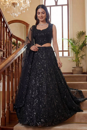 Black Sequin with Embroidered Net Lehenga