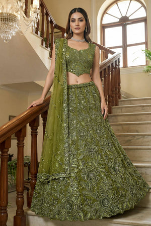 Mehendi Sequin with Embroidered Net Lehenga
