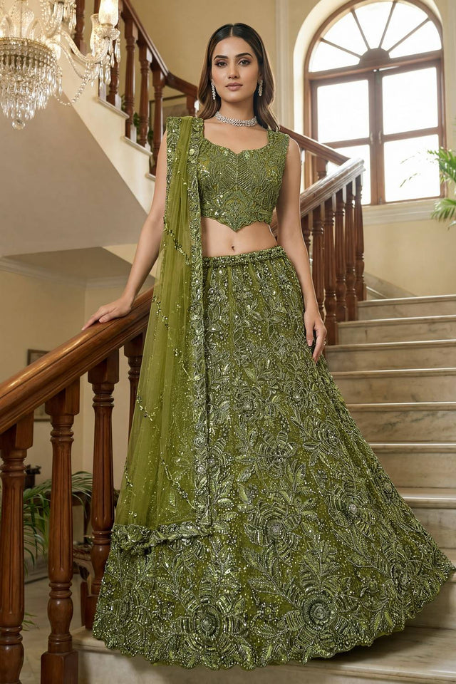 Mehendi Sequin with Embroidered Net Lehenga
