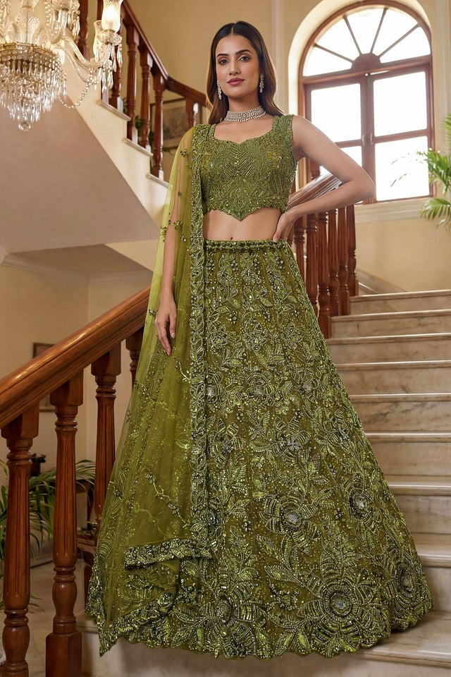 Mehendi Sequin with Embroidered Net Lehenga