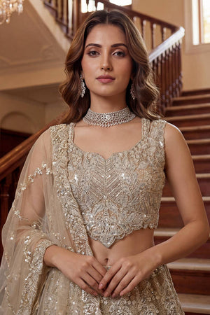 Cream Sequin with Embroidered Net Lehenga