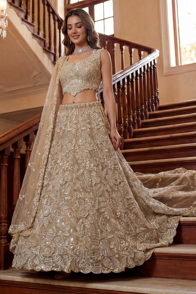 Cream Sequin with Embroidered Net Lehenga
