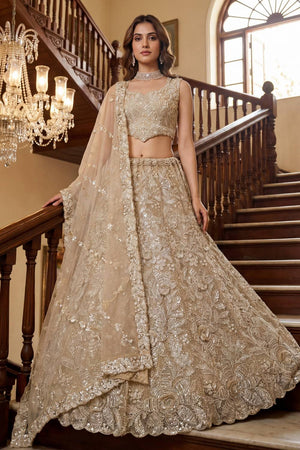 Cream Sequin with Embroidered Net Lehenga