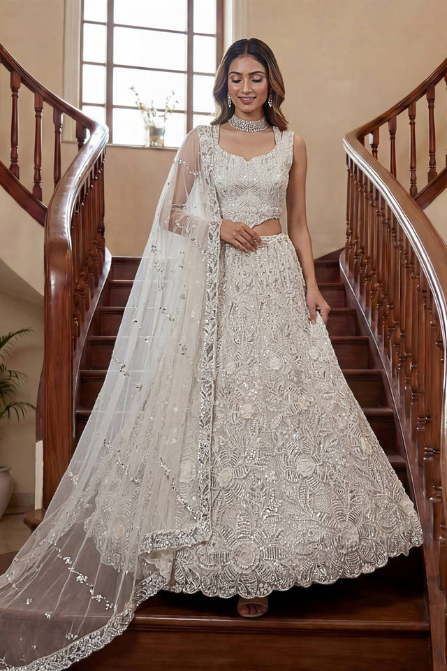 White Sequin with Embroidered Net Lehenga