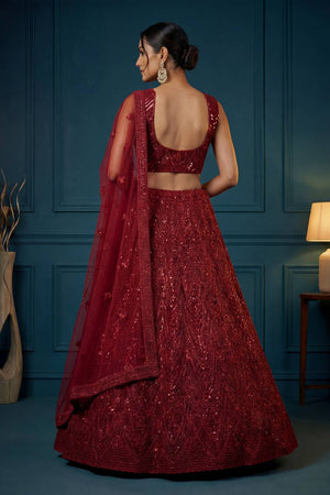 Red Sequin with Embroidered Net Lehenga