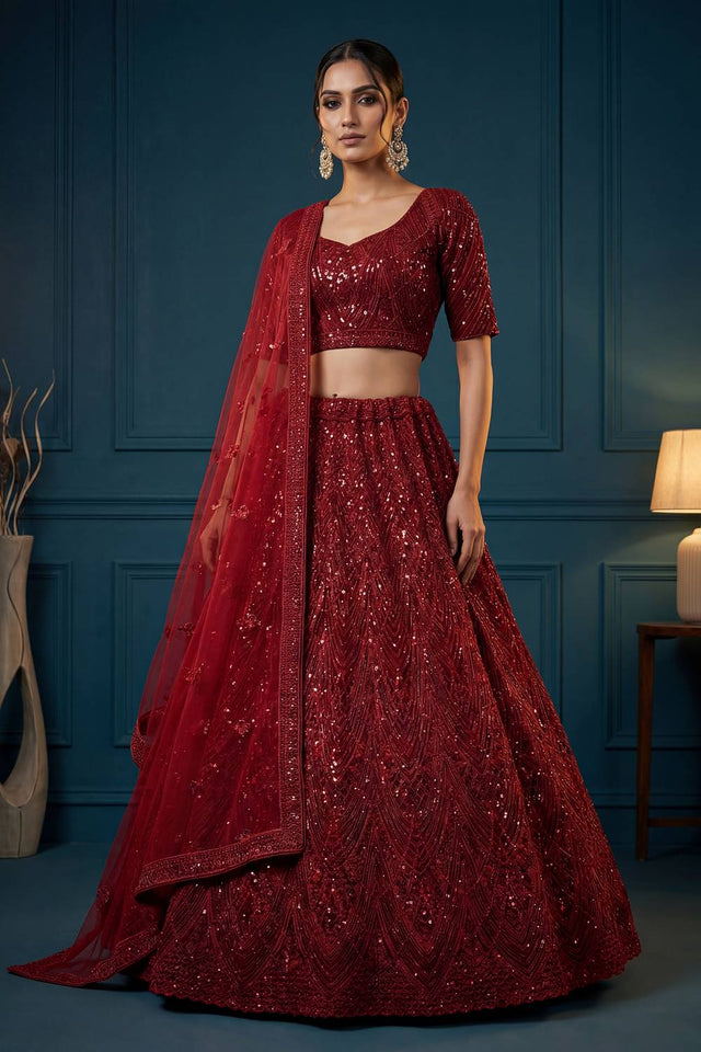 Red Sequin with Embroidered Net Lehenga