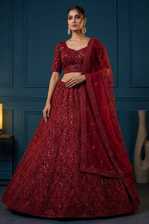 Red Sequin with Embroidered Net Lehenga