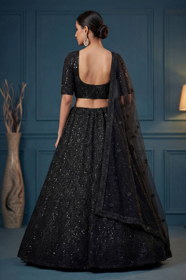 Black Sequin with Embroidered Net Lehenga