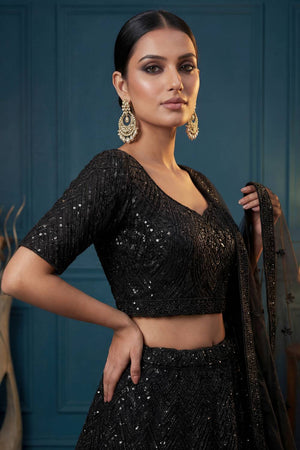 Black Sequin with Embroidered Net Lehenga