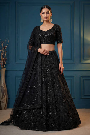 Black Sequin with Embroidered Net Lehenga