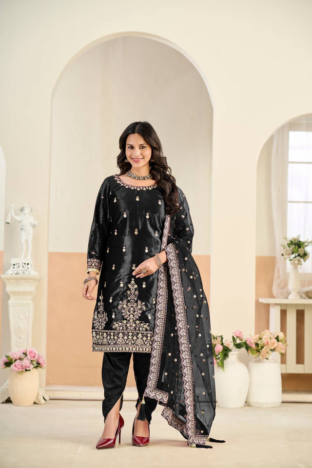 Black Floral Embroidered Velvet Punjabi Suit Set