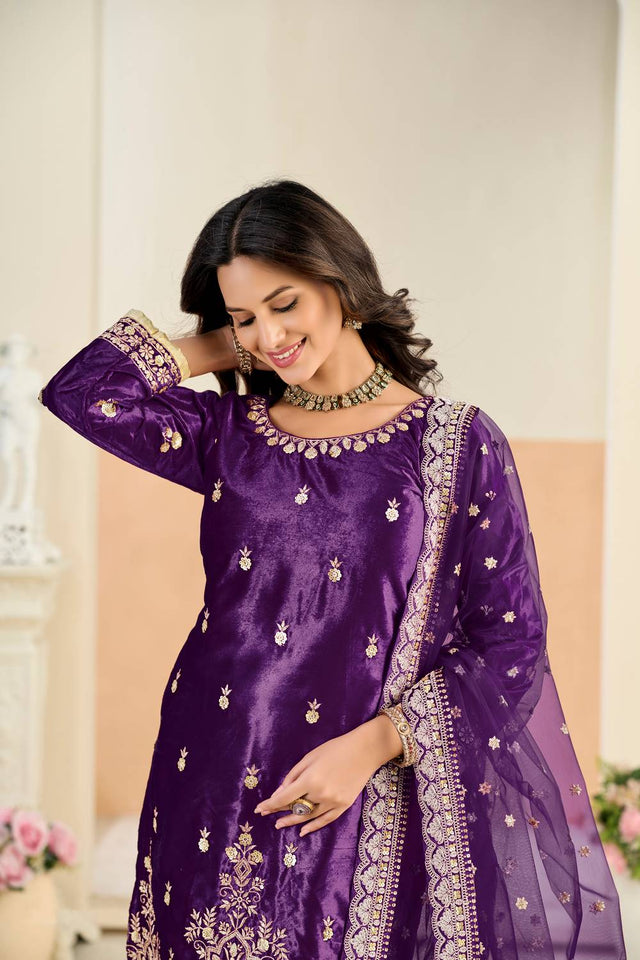 Purple Floral Embroidered Velvet Punjabi Suit Set