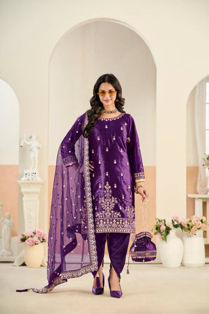 Purple Floral Embroidered Velvet Punjabi Suit Set