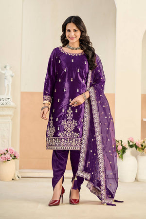 Purple Floral Embroidered Velvet Punjabi Suit Set