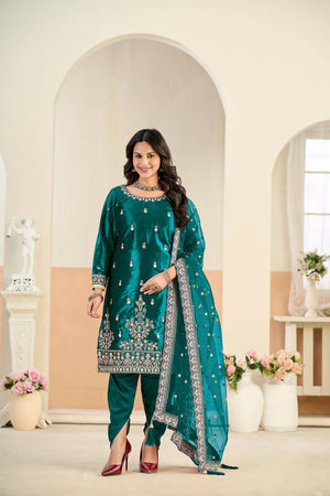 Turquoise Floral Embroidered Velvet Punjabi Suit Set