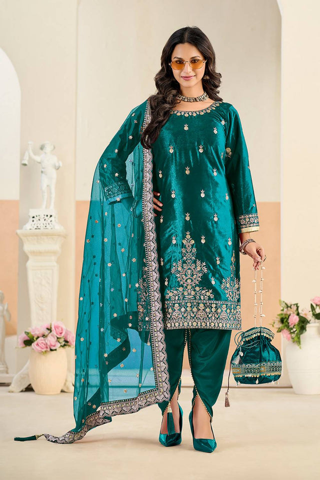 Turquoise Floral Embroidered Velvet Punjabi Suit Set