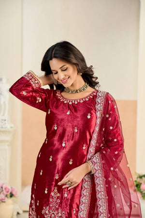 Red Floral Embroidered Velvet Punjabi Suit Set