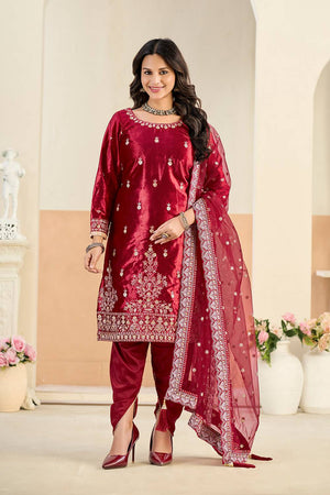 Red Floral Embroidered Velvet Punjabi Suit Set