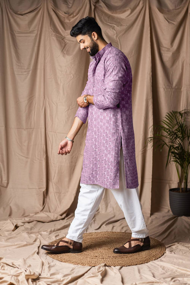 Men's Lavender Embroidered Rayon Kurta Set