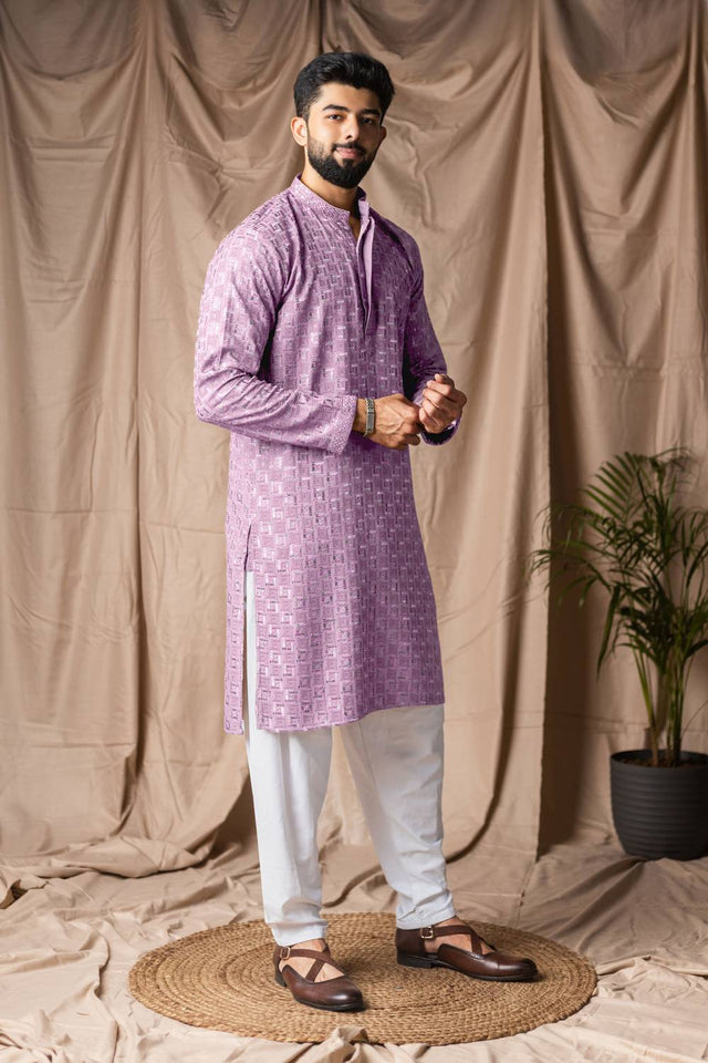 Men's Lavender Embroidered Rayon Kurta Set