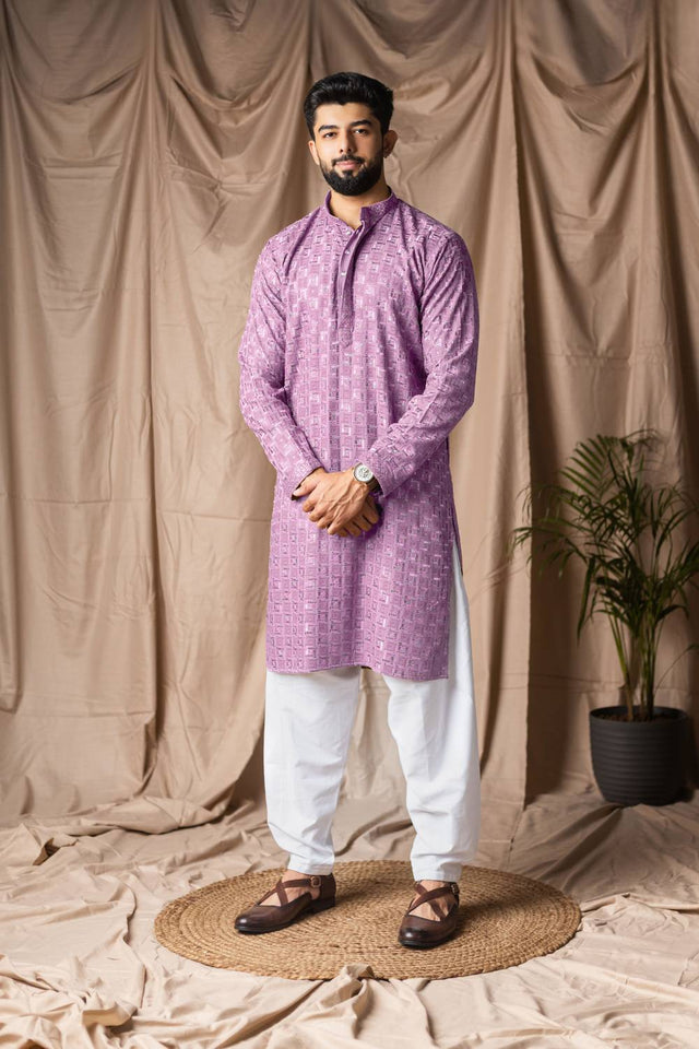 Men's Lavender Embroidered Rayon Kurta Set