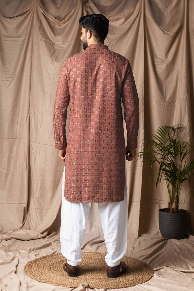 Men's Brown Embroidered Rayon Kurta Set