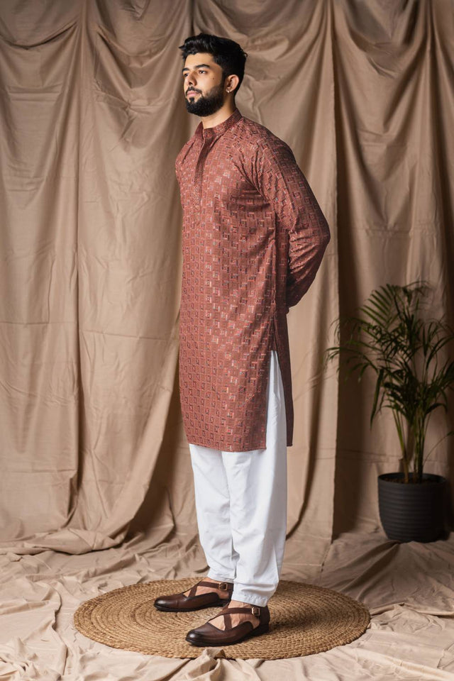 Men's Brown Embroidered Rayon Kurta Set