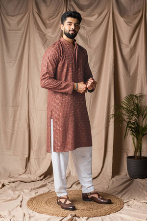 Men's Brown Embroidered Rayon Kurta Set