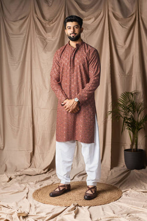 Men's Brown Embroidered Rayon Kurta Set
