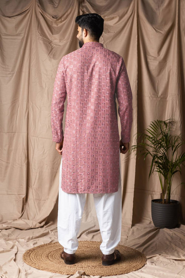 Men's Red Embroidered Rayon Kurta Set