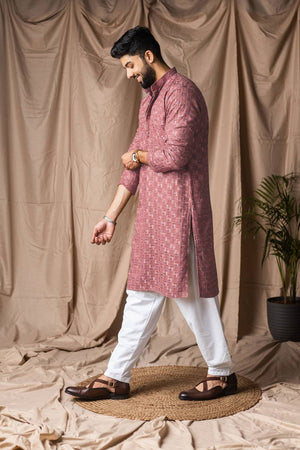 Men's Red Embroidered Rayon Kurta Set