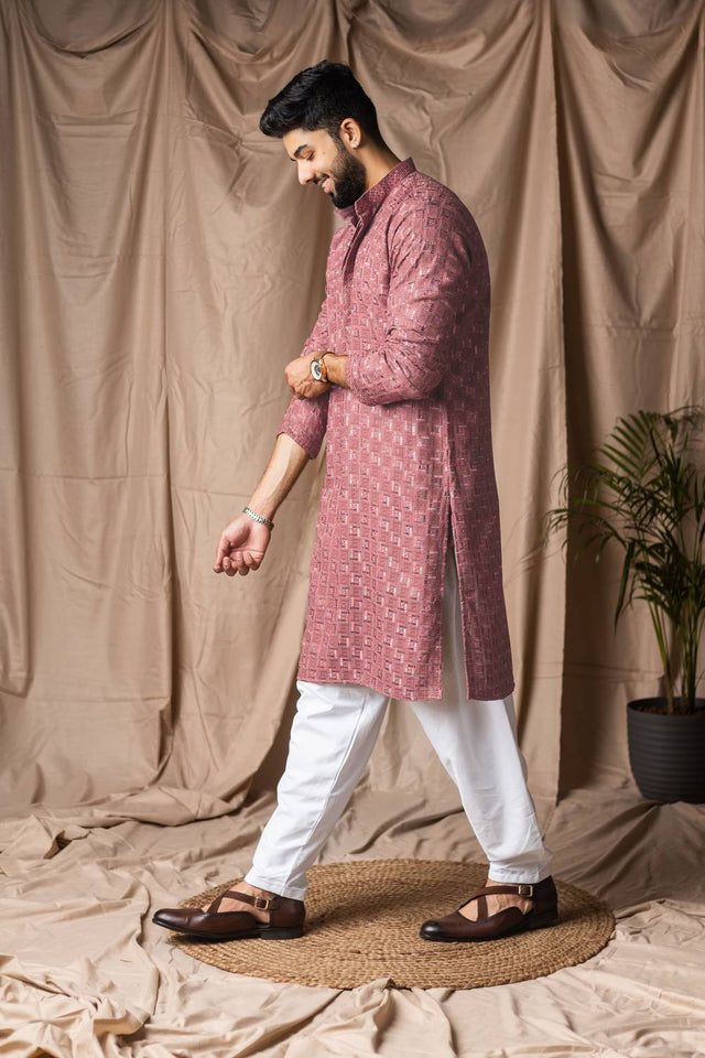 Men's Red Embroidered Rayon Kurta Set