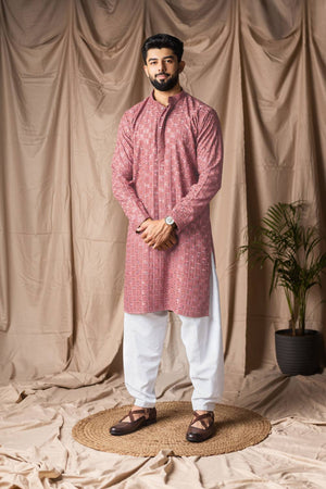 Men's Red Embroidered Rayon Kurta Set