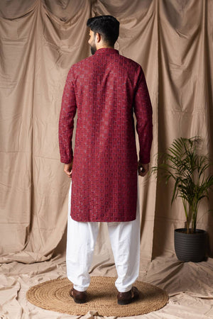 Men's Maroon Embroidered Rayon Kurta Set