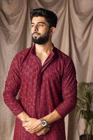 Men's Maroon Embroidered Rayon Kurta Set