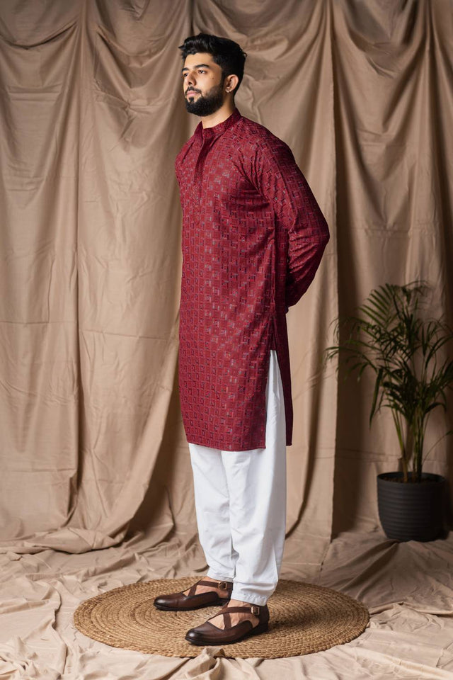 Men's Maroon Embroidered Rayon Kurta Set