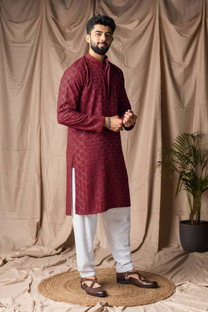 Men's Maroon Embroidered Rayon Kurta Set