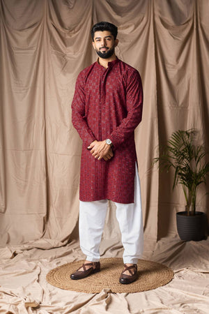 Men's Maroon Embroidered Rayon Kurta Set