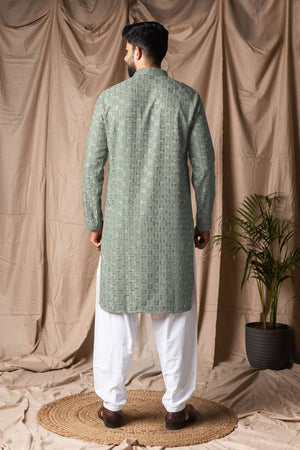 Men's Green Embroidered Rayon Kurta Set