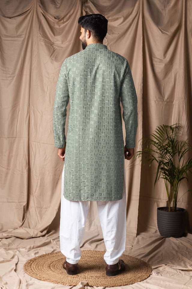 Men's Green Embroidered Rayon Kurta Set