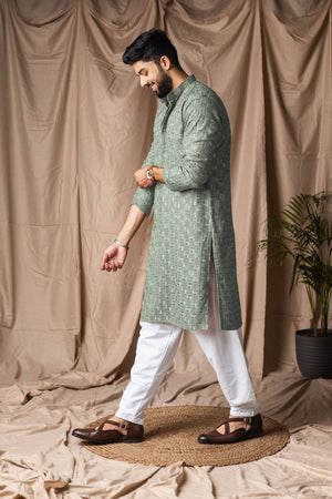 Men's Green Embroidered Rayon Kurta Set