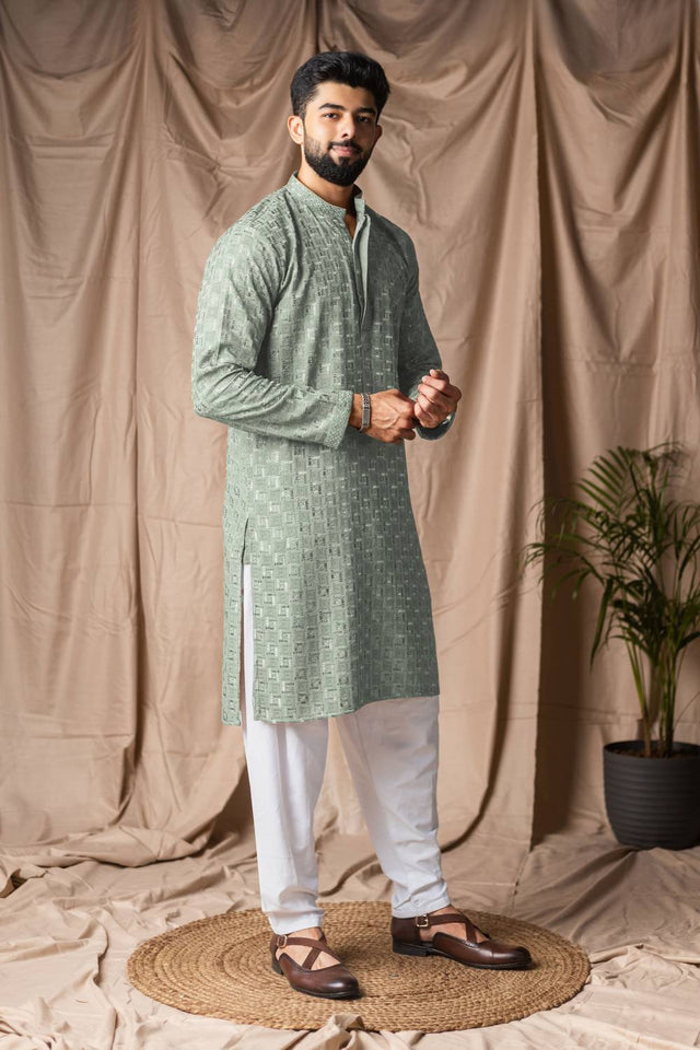 Men's Green Embroidered Rayon Kurta Set