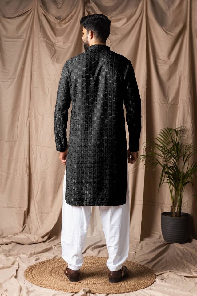 Men's Black Embroidered Rayon Kurta Set